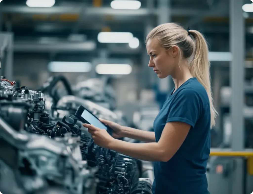 Woman in factory environment looking at a tablet
