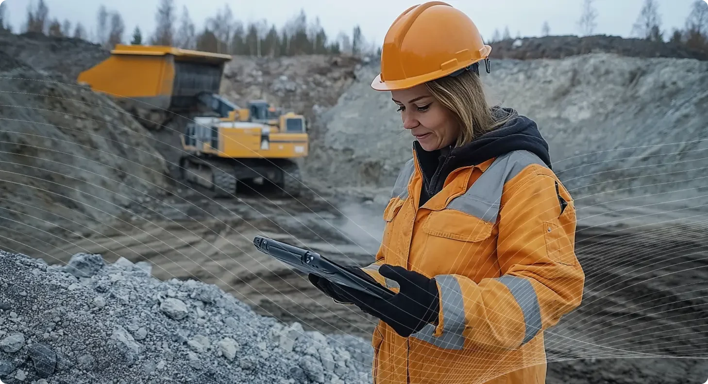 Woman in safety gear using a tablet at a construction site with heavy machinery in the background.